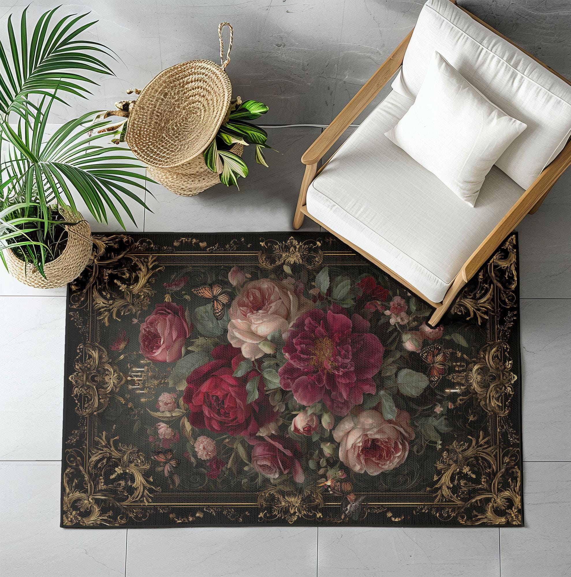 Classic Rose Rug Floral Bouquet Rug, Decorative Flower Rug, Vintage Rose Rug, Elegant ...
