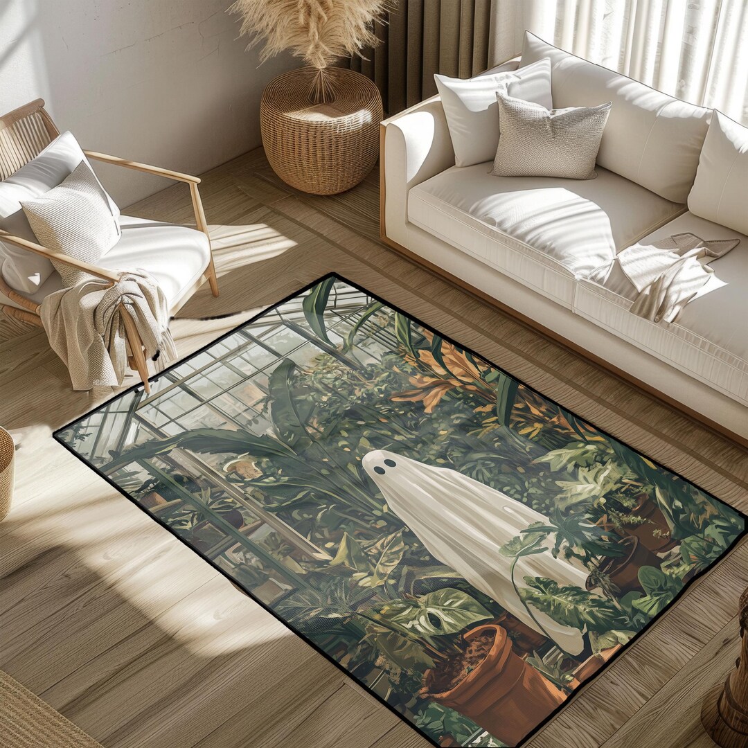 Whimsical Ghost in Greenhouse Rug, Spooky Botanical Garden Floor Mat ...