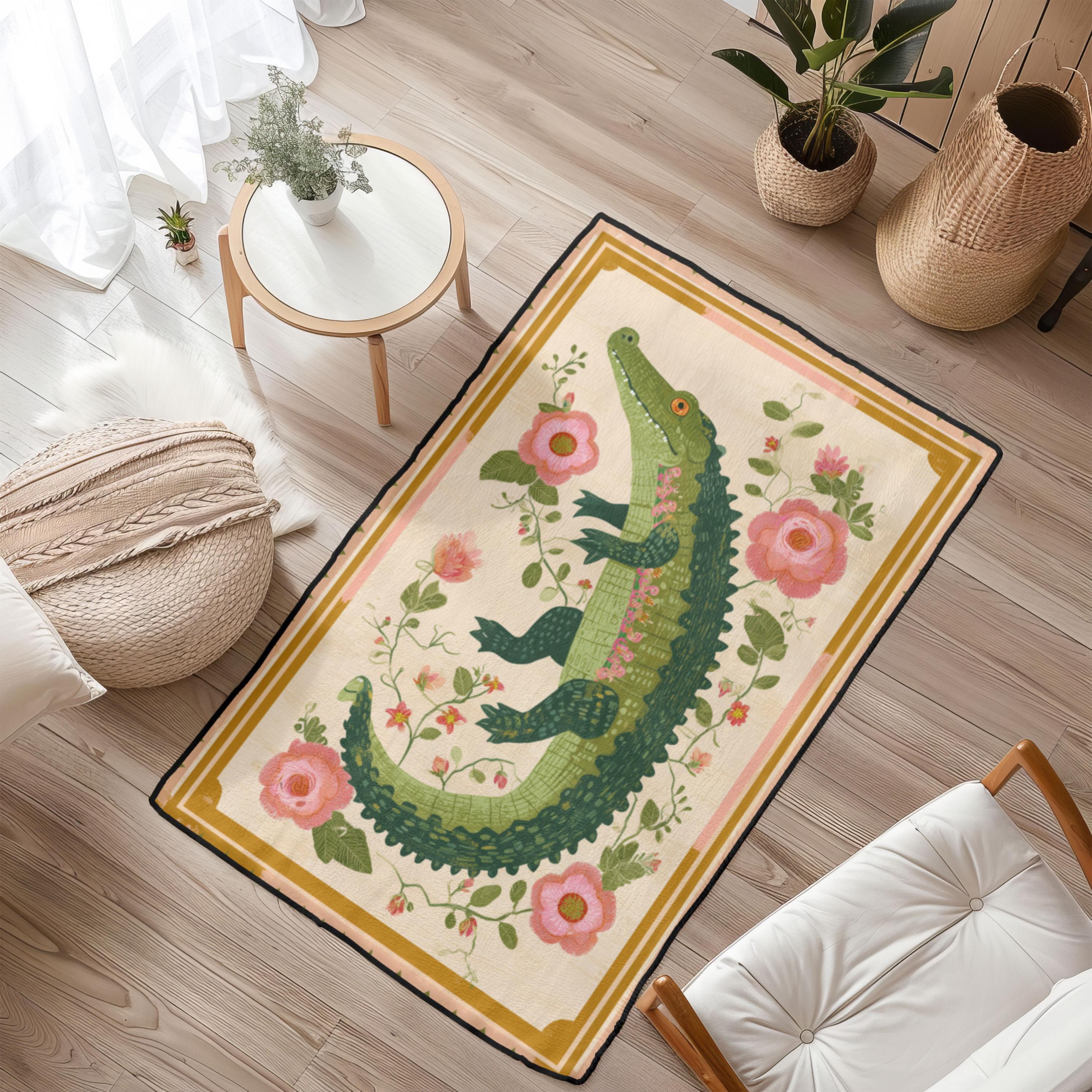 Cool Rug Lizard Whimsical Crocodile Rug, Floral Alligator Area Rug, Reptile Lover Gift ...