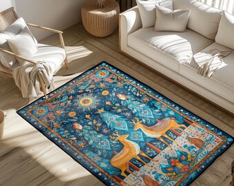 Può includere: Un tappeto rettangolare con un design dettagliato e colorato. Il tappeto presenta uno sfondo blu scuro con un motivo di cervi, uccelli ed elementi floreali nelle tonalità dell'arancione, del giallo e del verde acqua. Il tappeto è posato su un pavimento in legno.