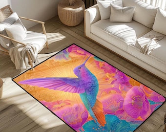 Lebendiger Kolibri Teppich, Vogelteppich, Naturliebhaber Teppich, Blumenteppich, Gartenliebhaber Teppich, Tierliebhaber Teppich, Tropischer Teppich