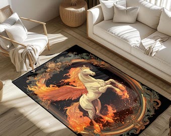 Pegasus Rug, Fantasy Art Hobby Rug, Mythology Lover Relationship Gift Rug, Housewarming Occasion Decor Rug, Winged Horse Statement Piece Rug