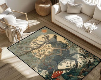 Mythical Deer God Rug, Pagan Forest Spirit Home Decor Rug, For Nature Lover, Goblincore Aesthetic Mat, Witchcraft Altar Floor Covering Rug.