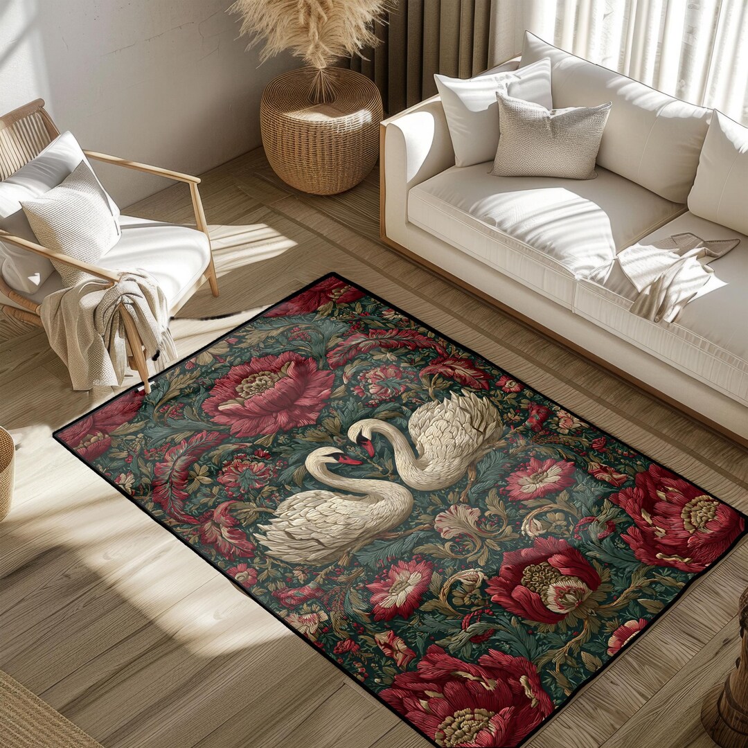 Vintage Romantic Swan Rug for Couples, Elegant Floral Area Mat, Dark ...