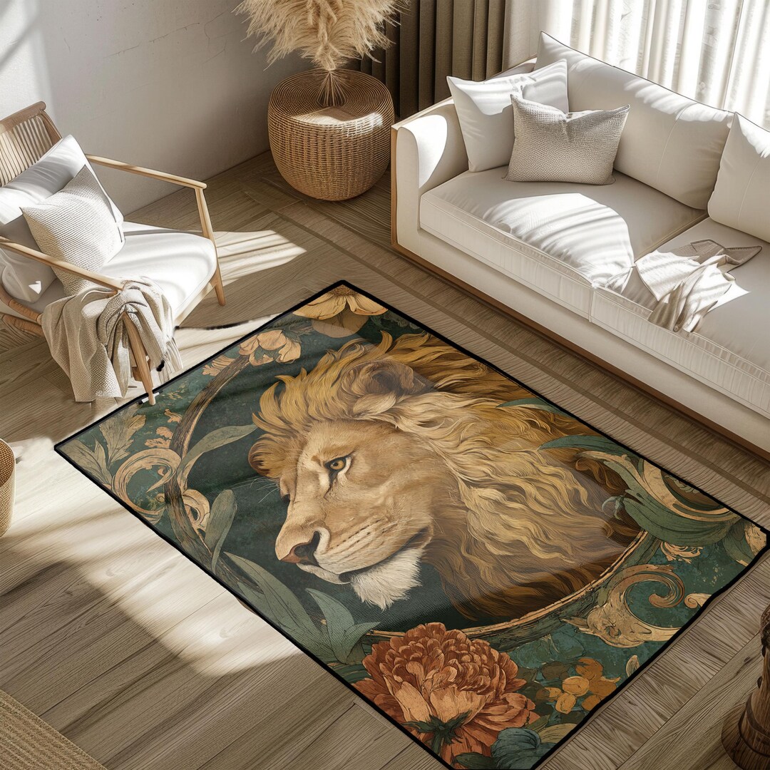 Majestic Lion Art Nouveau Rug, Elegant Wildlife Floral Area Rug ...