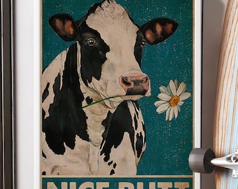 Funny Cow Nice Butt Canvas, Cute Farm Animal Wall Art Print, Humorous Dairy Cow With Daisy Flower Decor, Quirky Animal Poster Decor Gift.