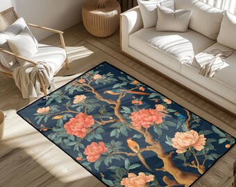 Floral Bird Tree Rug, Decorative Rug, Nature Rug, Botanical Rug, Garden Rug, Home Decor Rug, Relaxation Rug, Living Room Rug, Arena Rug GIft