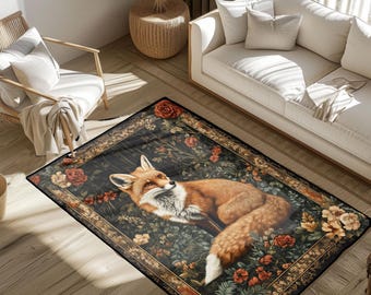Fuchs Liebhaber Geschenk Teppich, Wald Tier Enthusiast Bereich Teppich, Vintage Floral Cottagecore Dekor Bodenmatte Dark Academia Fuchs Teppich Naturbewunderer.