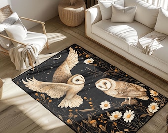 Whimsical Barn Owl Rug, Night Sky Celestial Decor Rug, Wildflower Cottagecore Aesthetic Rug, Bird Lover Hobby Gift Rug, Nature Lover Home