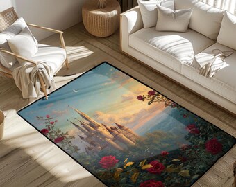 Fairytale Castle Rug, Castle Floor Mat, Fantasy Landscape Rug, Magical Castle Rug, Romantic Garden Rug, Princess Theme Rug, Dreamy Decor Rug