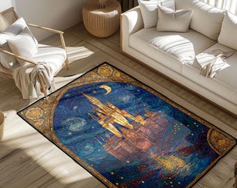 Magical Castle Rug, Fantasy Castle Rug, Night Sky Castle Rug, Fairy Tale Home Decor Rug, Dreamy Castle Art Rug, Enchanted Castle Arena Rug.