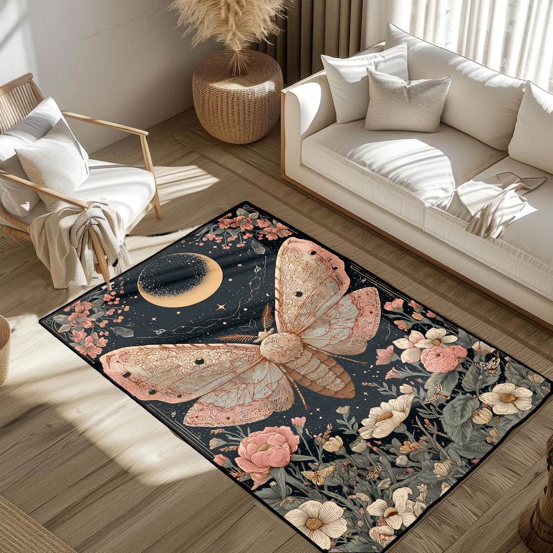 Moon and Butterfly Rug, Butterfly Rug, Floral Insect Rug, Nature Lover ...
