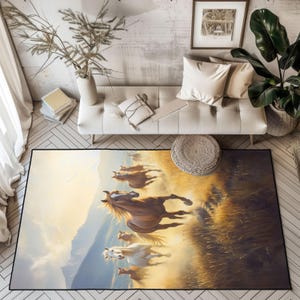 Wild Horses Running Scene Rug, Nature Mountain Landscape Rug, Horse Lover Gift Rug, Equine Scenic Artwork Rug