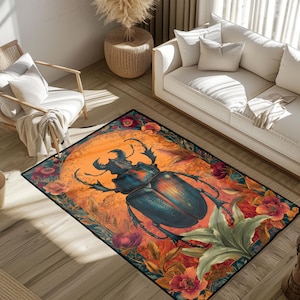 Entomology Lover Gift Rug, Biologist Stag Beetle Carpet, Goblincore Insect Art Area Rug, Dark Academia Botanical Floor Mat, Witchy Decor Rug
