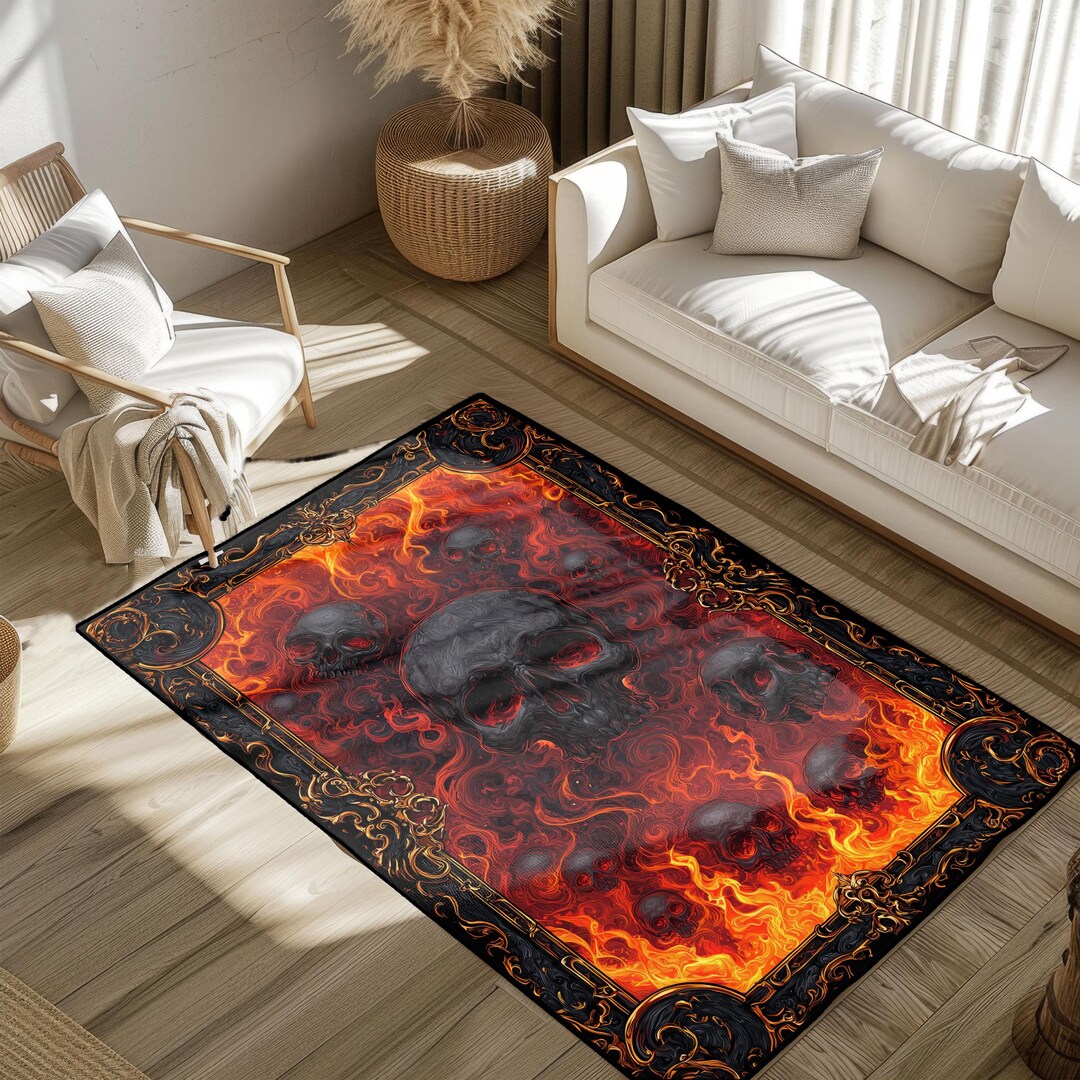 Flaming Skull Rug, Skull Decor Rug, Gothic Skull Rug, Halloween Rug ...