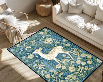 Wildlife Enthusiast Deer Rug, Nature Lover Floral Area Rug, Animal Illustration Floor Mat, Cozy Home Decor For Hobbyists, Area Rug Decor.