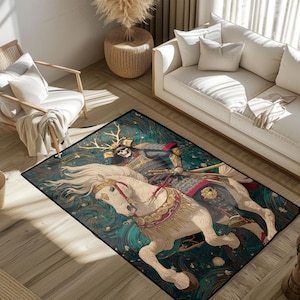 May include: A rectangular area rug featuring a detailed illustration of a samurai warrior riding a white horse. The rug has a teal and gold background with a black border. The samurai is wearing armor and a horned helmet.