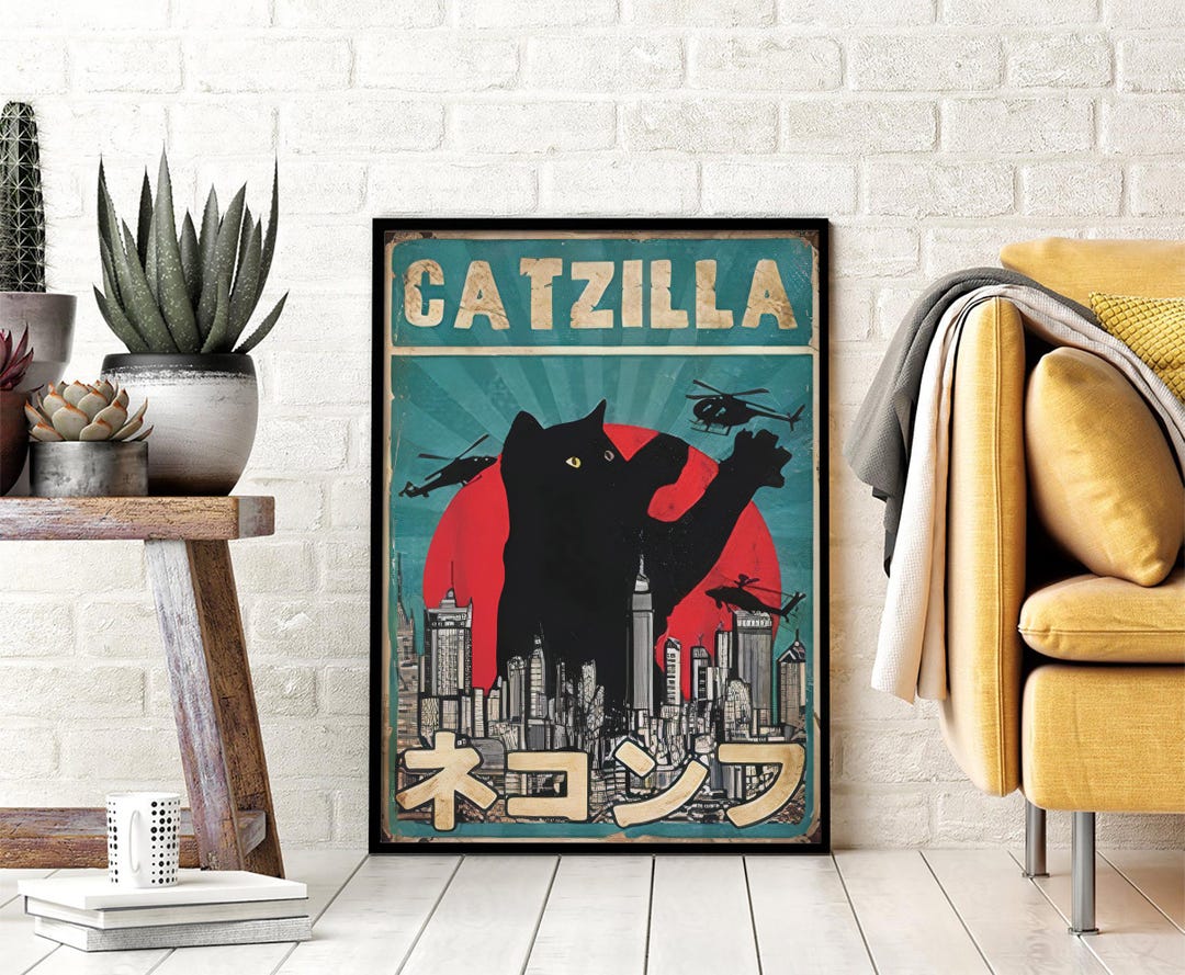 Catzilla Poster for Cat Lovers, Funny Godzilla Cat Canvas, Vintage ...