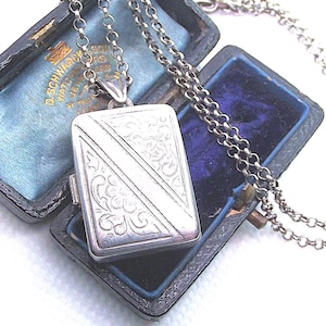 Vintage silver locket and chain, rectangular art deco hand engraved