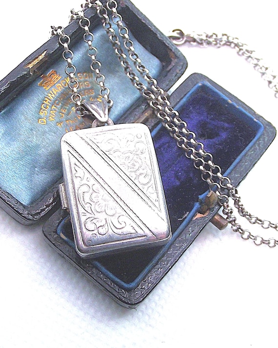 Vintage silver locket and chain, rectangular art … - image 1