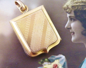 Vintage locket Art Deco rose gold filled shield fob photo pendant