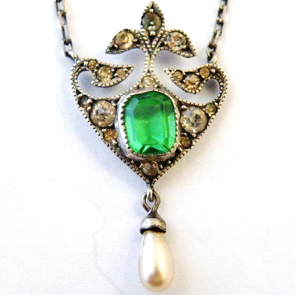 French antique art nouveau emerald paste necklace