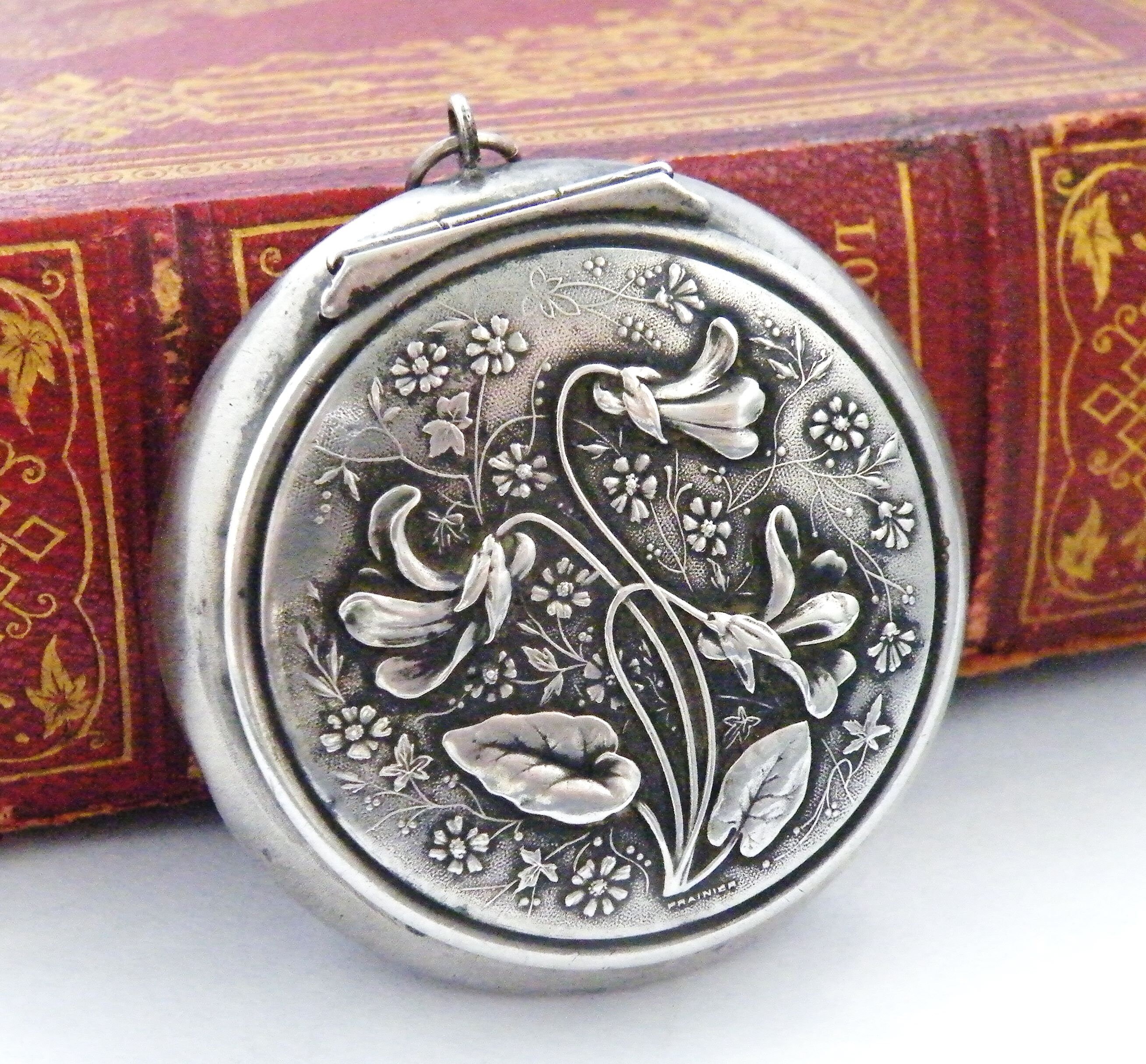 French antique art nouveau silver cyclamen compact locket box