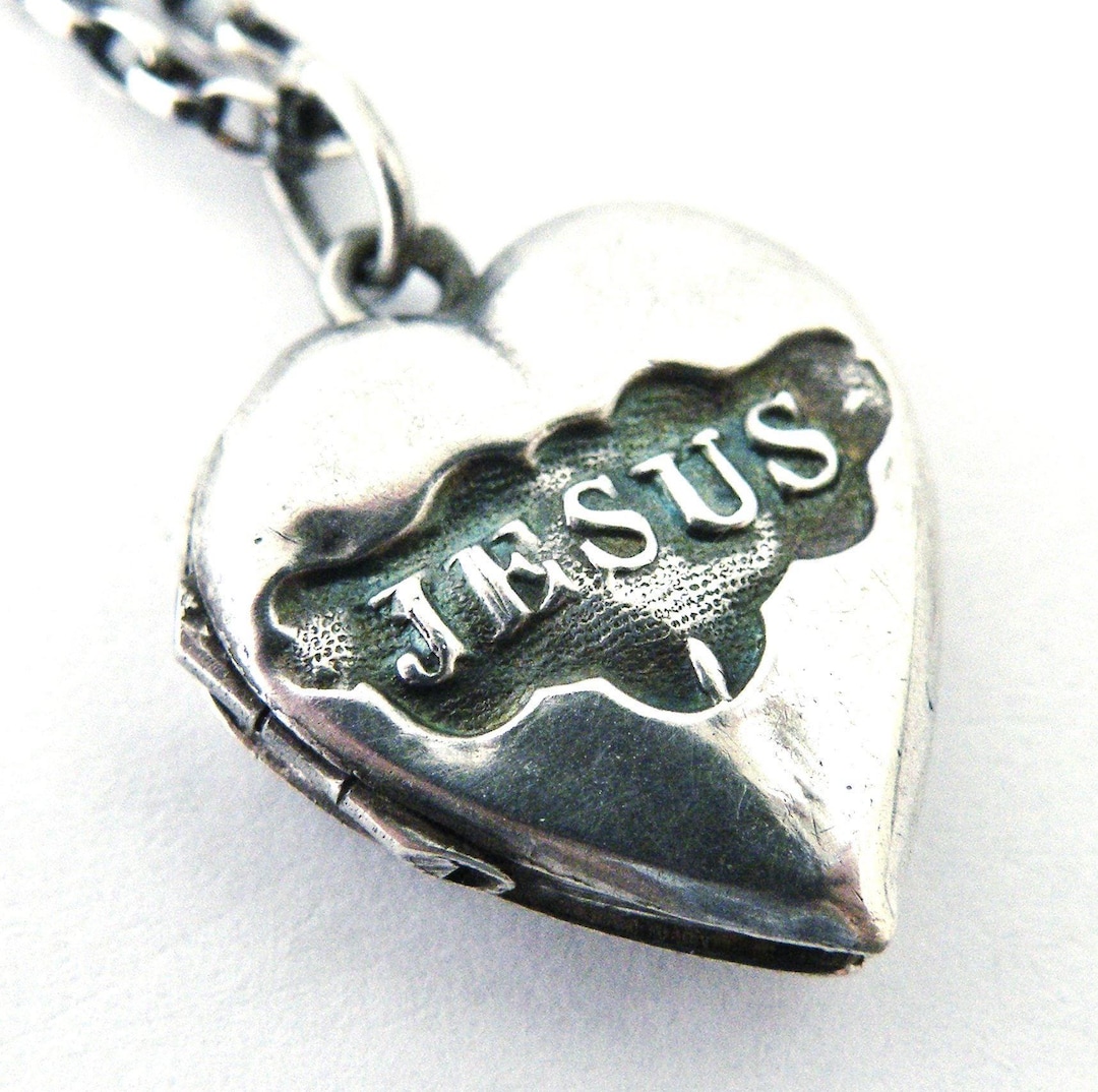 French Heart Locket Antique Reliquary Mary Marie and Jesus, With Chain ...