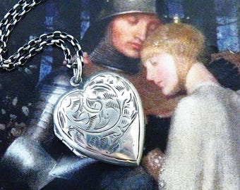 Antique silver heart locket and chain sterling engraved Valentine gift