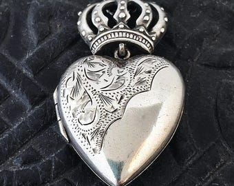 Crown heart locket pendant, sterling silver etched Edwardian assemblage necklace