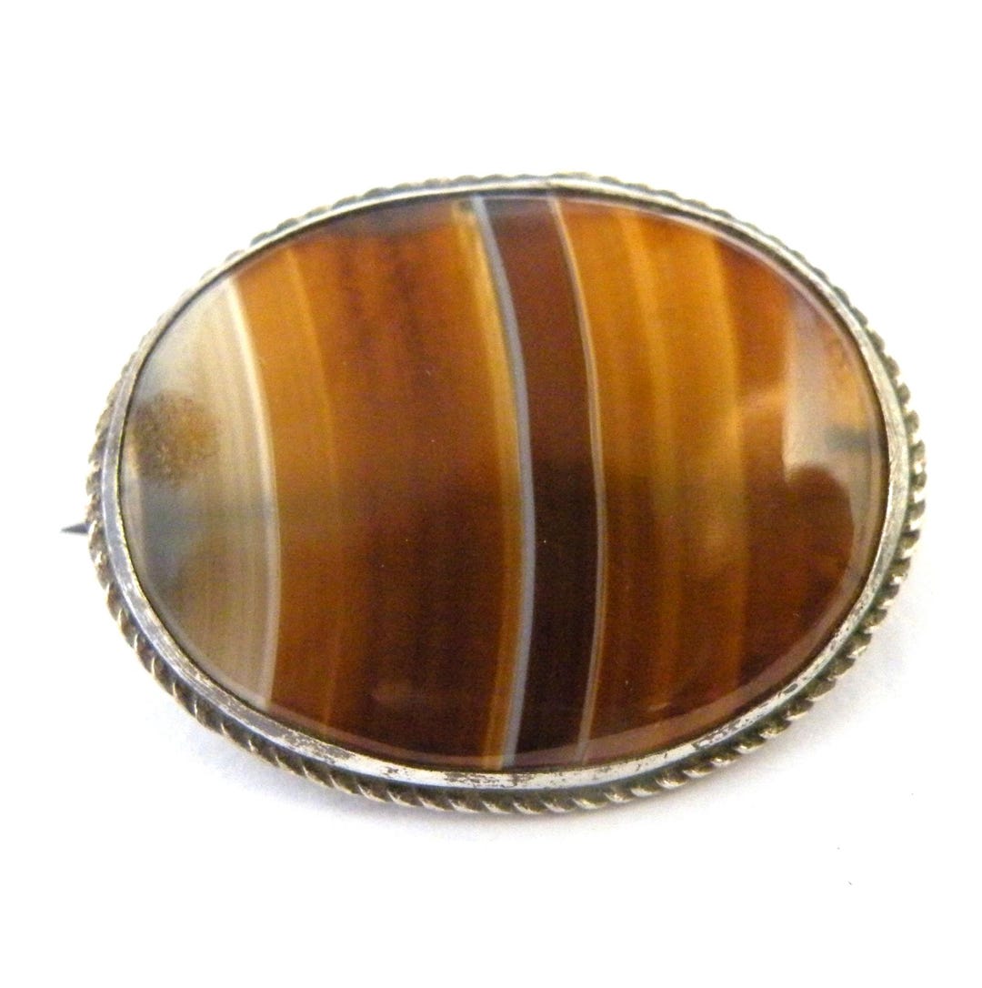 Vintage Agate Brooch Antique Victorian Scottish Pebble Sterling