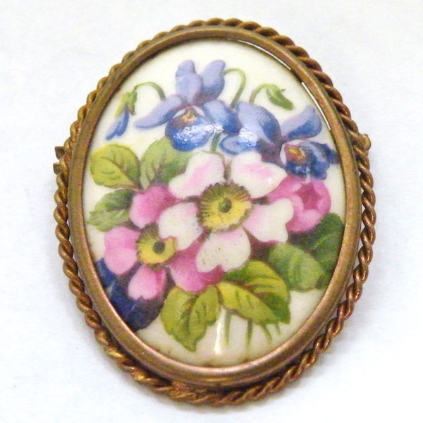 French floral Limoges brooch wild rose violets painted porcelain art deco