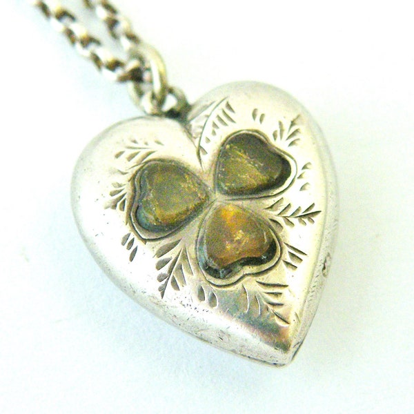 Edwardian sterling silver shamrock connemara marble puffy heart pendant and chain