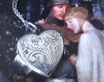 Vintage silver heart locket and chain sterling engraved Valentine gift, larger size