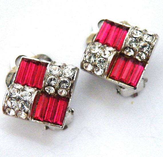Art deco clip earrings ruby paste chrome plated - image 1