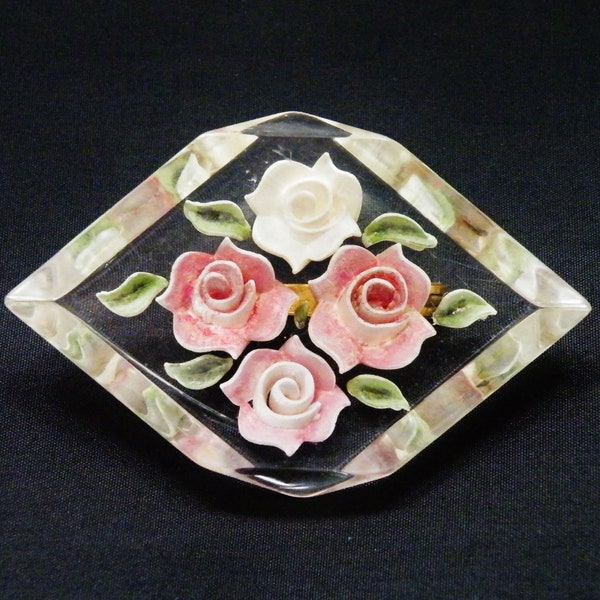 Art deco lucite brooch reverse carved roses flowers