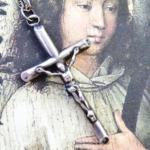 French silver crucifix pendant antique silver religious cross.