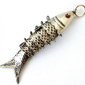 Vintage articulated fish pendant sterling silver large size