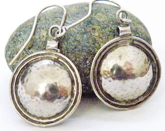 Silver modernist earrings dome drops hammered sterling hand crafted