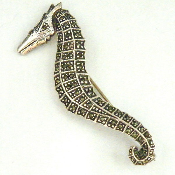 Vintage silver seahorse brooch marcasite sterling large size