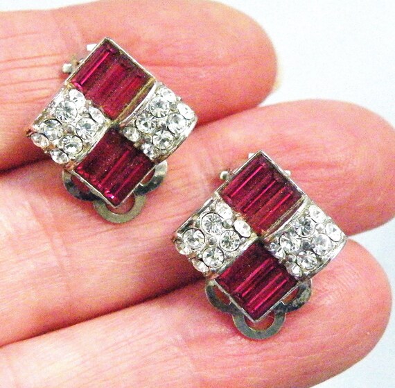 Art deco clip earrings ruby paste chrome plated - image 4