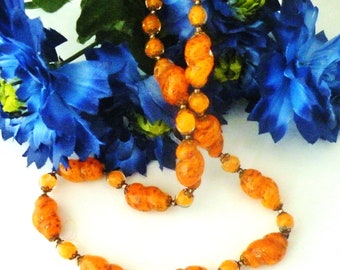 Art deco bead necklace pinched glass beads orange spatter aventurine