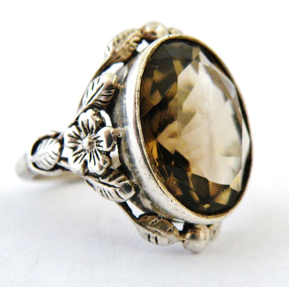 Arts and Crafts ring smoky quartz  sterling silve… - image 1