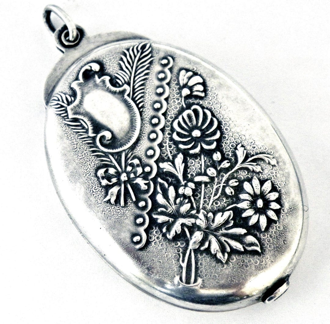 Antique French Art Nouveau Silver Slide Locket , Daisies and Feathers ...