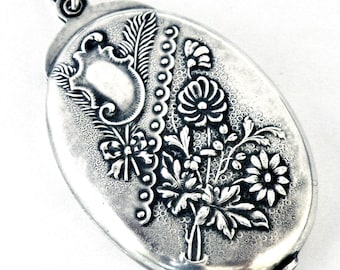 French antique locket art nouveau 800 silver embossed slide pendant daisies and feathers