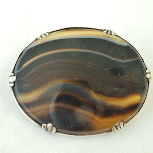 Large agate brooch antique Victorian Scottish pebble sterling silver