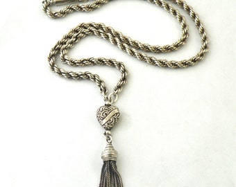 Victorian sterling silver tassel necklace heavy rope chain