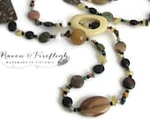 Long earthy gemstone necklace, boho necklace, OOAK, 34 inch, brown beaded necklace, natural stone necklace
