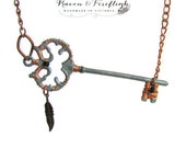 Key pendant, key necklace, wire wrapped key, feather charm, long necklace, copper wire wrap, wire wrap pendant, wirewrap pendant, steampunk