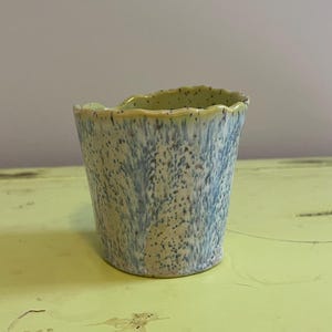 May include: A small, handmade ceramic pot with a speckled blue and beige exterior. The rim has a wavy, scalloped edge with a light green color. The pot is likely used for holding small plants or as a decorative item.